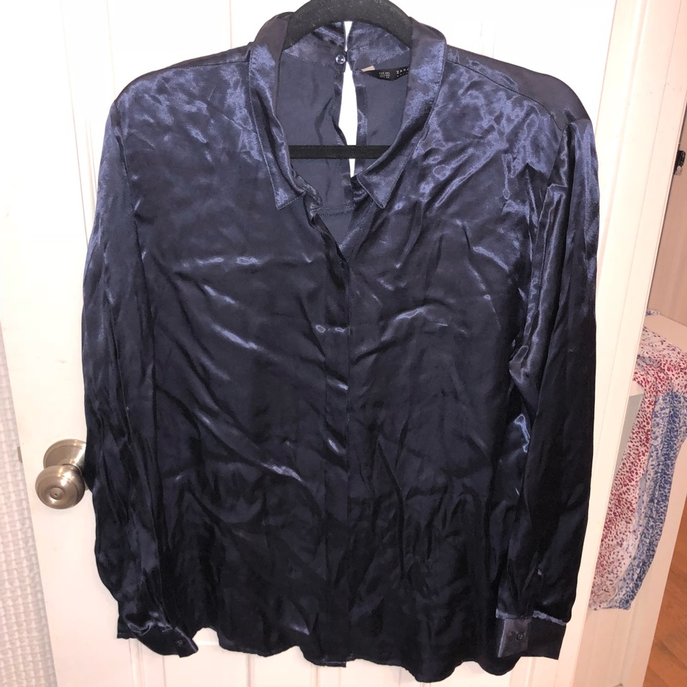 ZARA Crinkle navy silky button down shirt